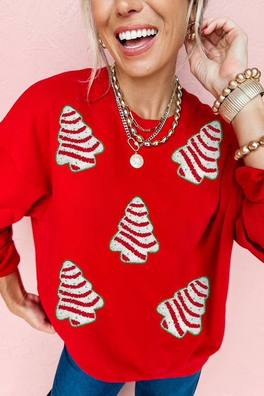 Red Christmas Tree Patch Graphic Drop Shoulder Sweatshirt