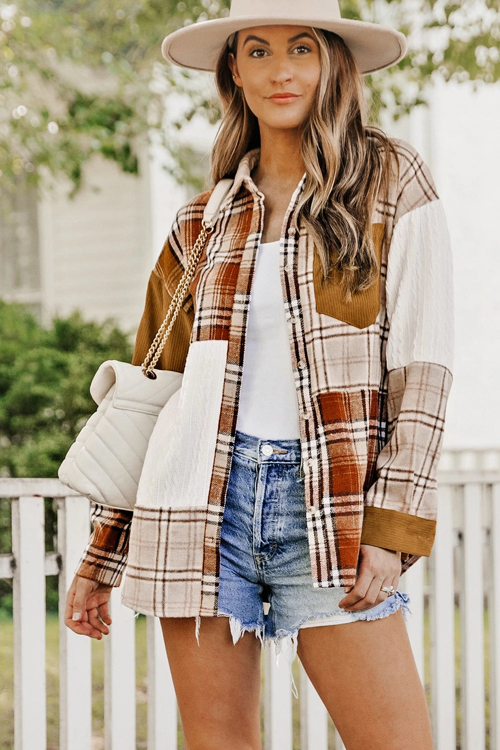Color Block Plaid Corduroy Shacket with Pocket
