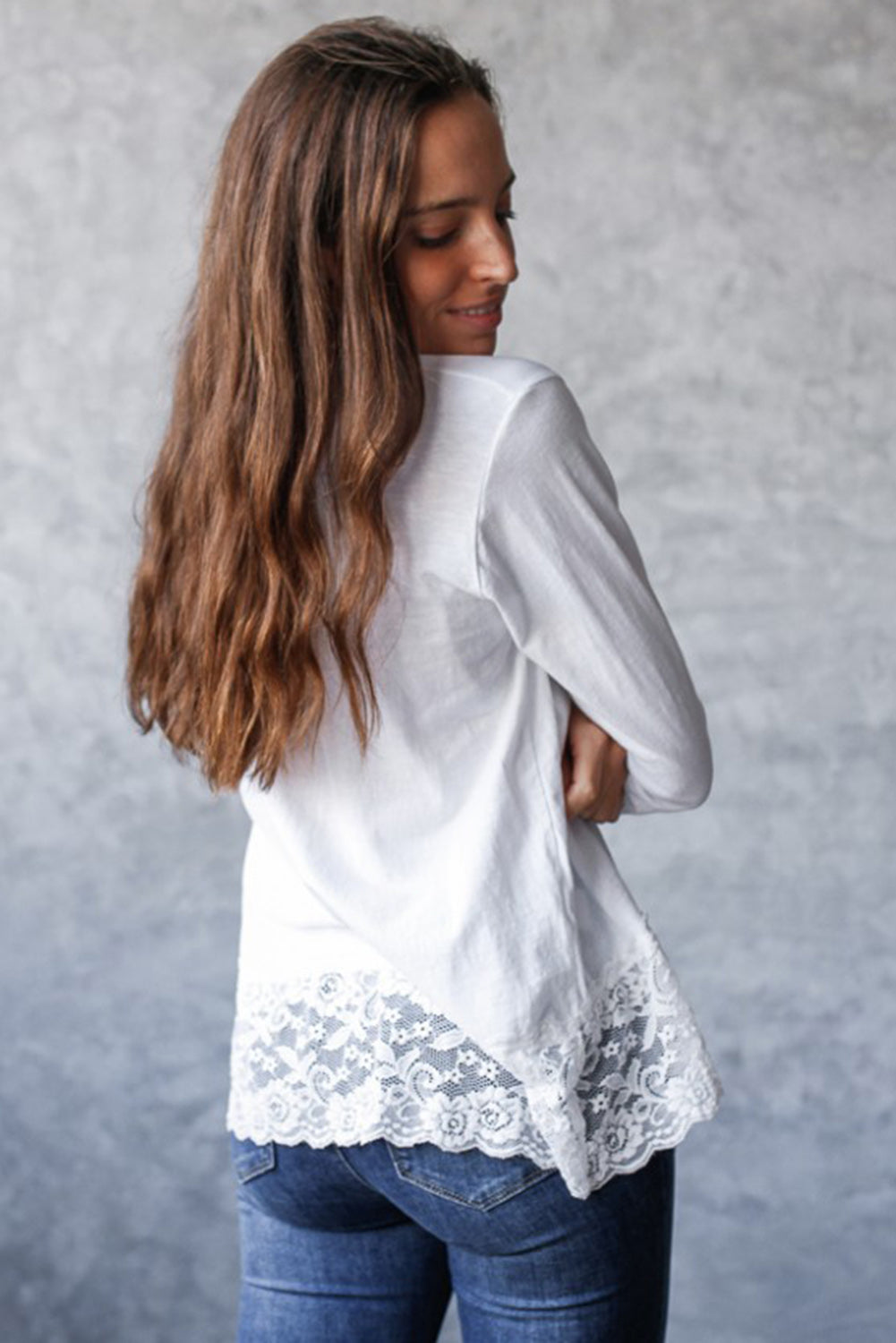 White V Neck Lace Trim Long Sleeve Soft Casual Top
