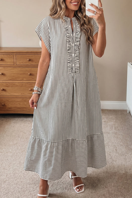 Black Stripe Ruffle Half-Button Short Sleeve Maxi Dress
