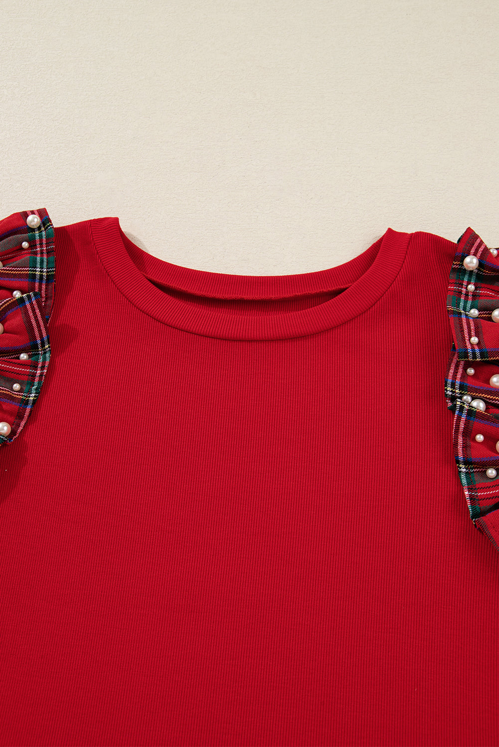 Plus Size Red Plaid Ruffle Sleeve Christmas Holiday Top
