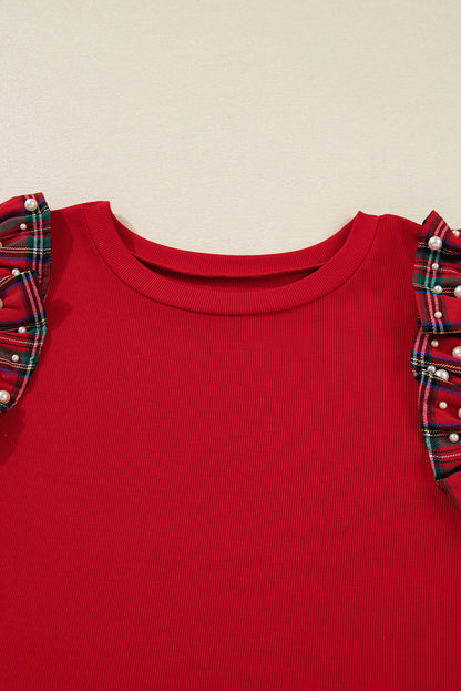Plus Size Red Plaid Ruffle Sleeve Christmas Holiday Top