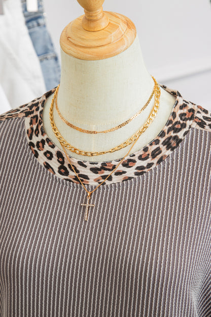 Leopard Trim Ribbed Short Sleeve Top and Shorts Set