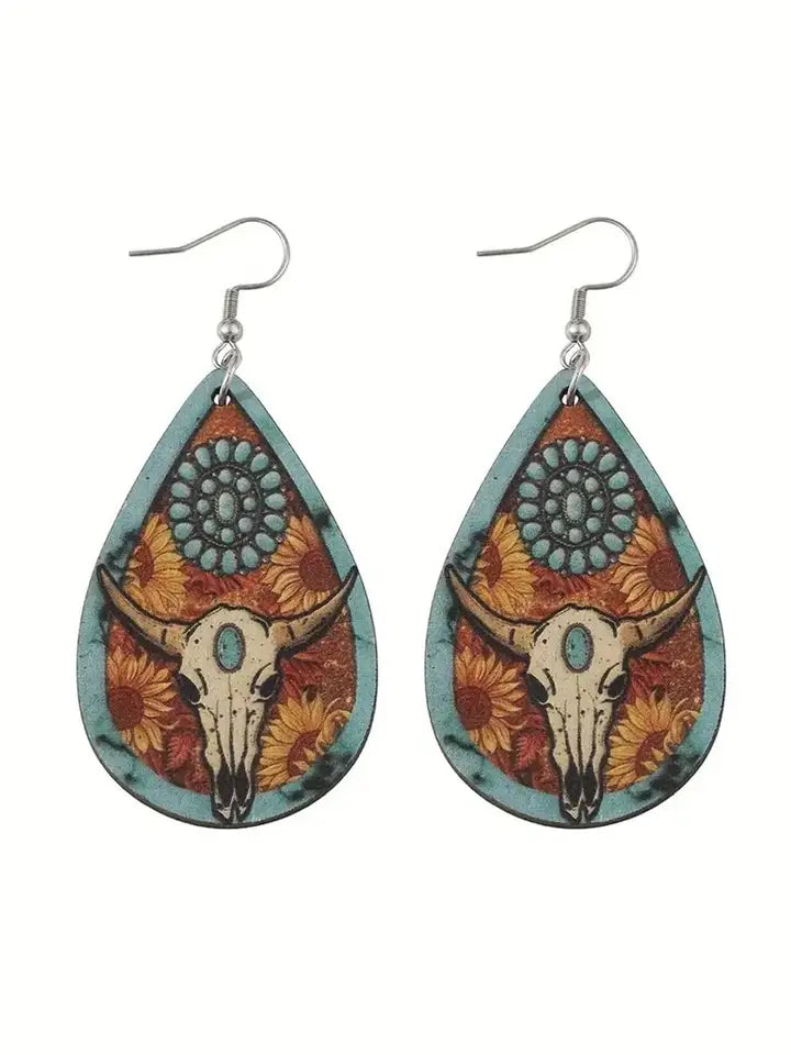Chestnut Western Steer Head Wooden Drop Earrings