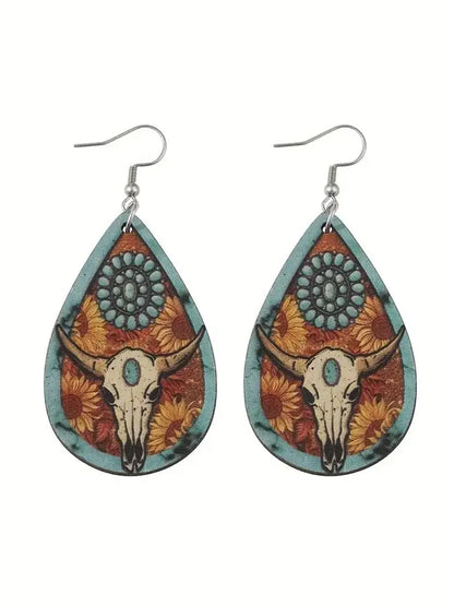 Chestnut Western Steer Head Wooden Drop Earrings