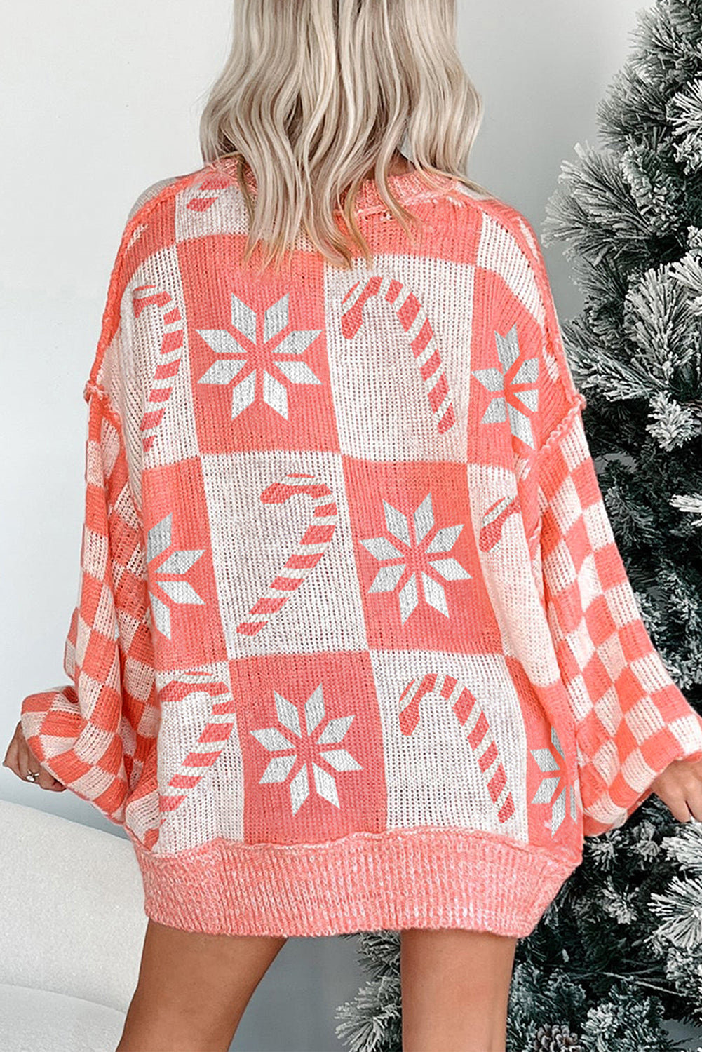 Pink Candy Cane Snowflake Plaid Christmas Oversized Sweater