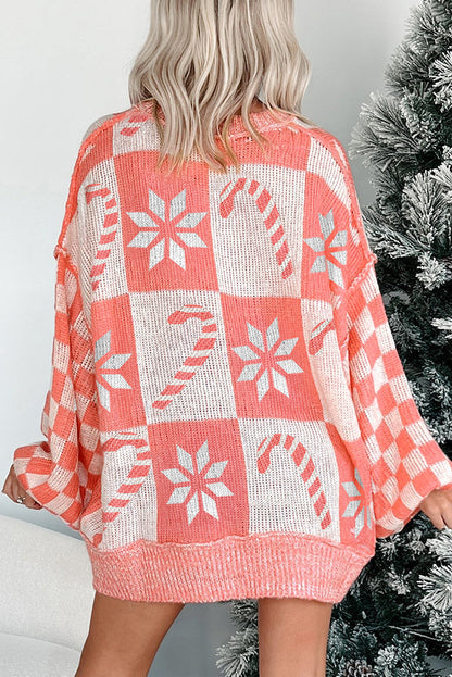 Pink Candy Cane Snowflake Plaid Christmas Oversized Sweater