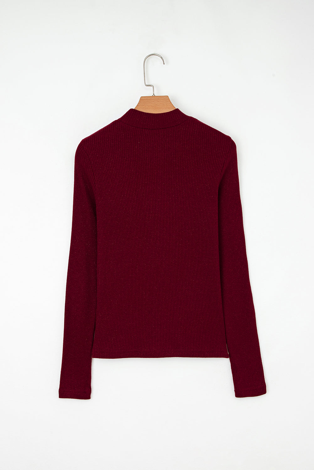 Red Metallic Ribbed Knit Long Sleeve Slim Fit Top