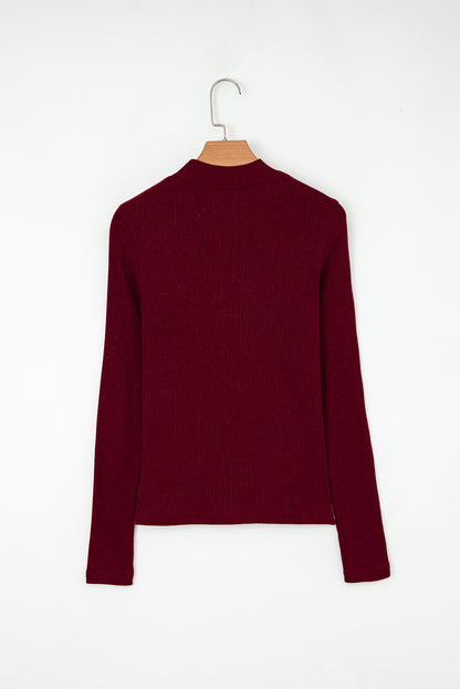Red Metallic Ribbed Knit Long Sleeve Slim Fit Top