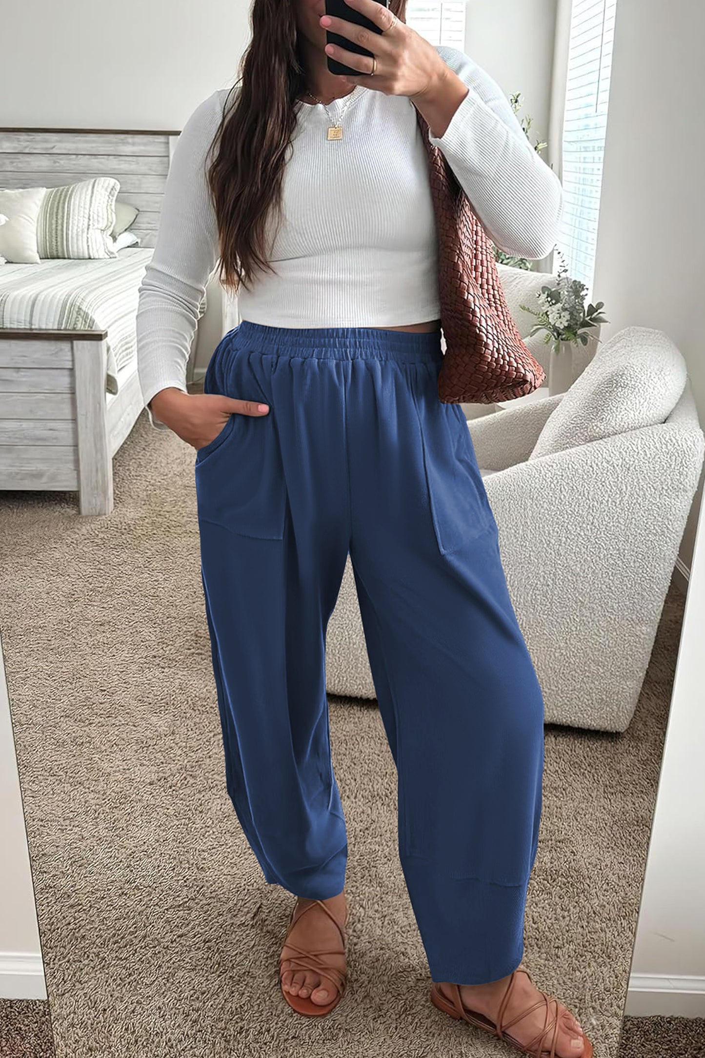 Black Plus Size Elastic Waist Asymmetrical Loose Capris Pants