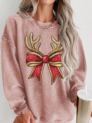 Christmas Reindeer Bow Graphic Corded Knit Sweatshirt