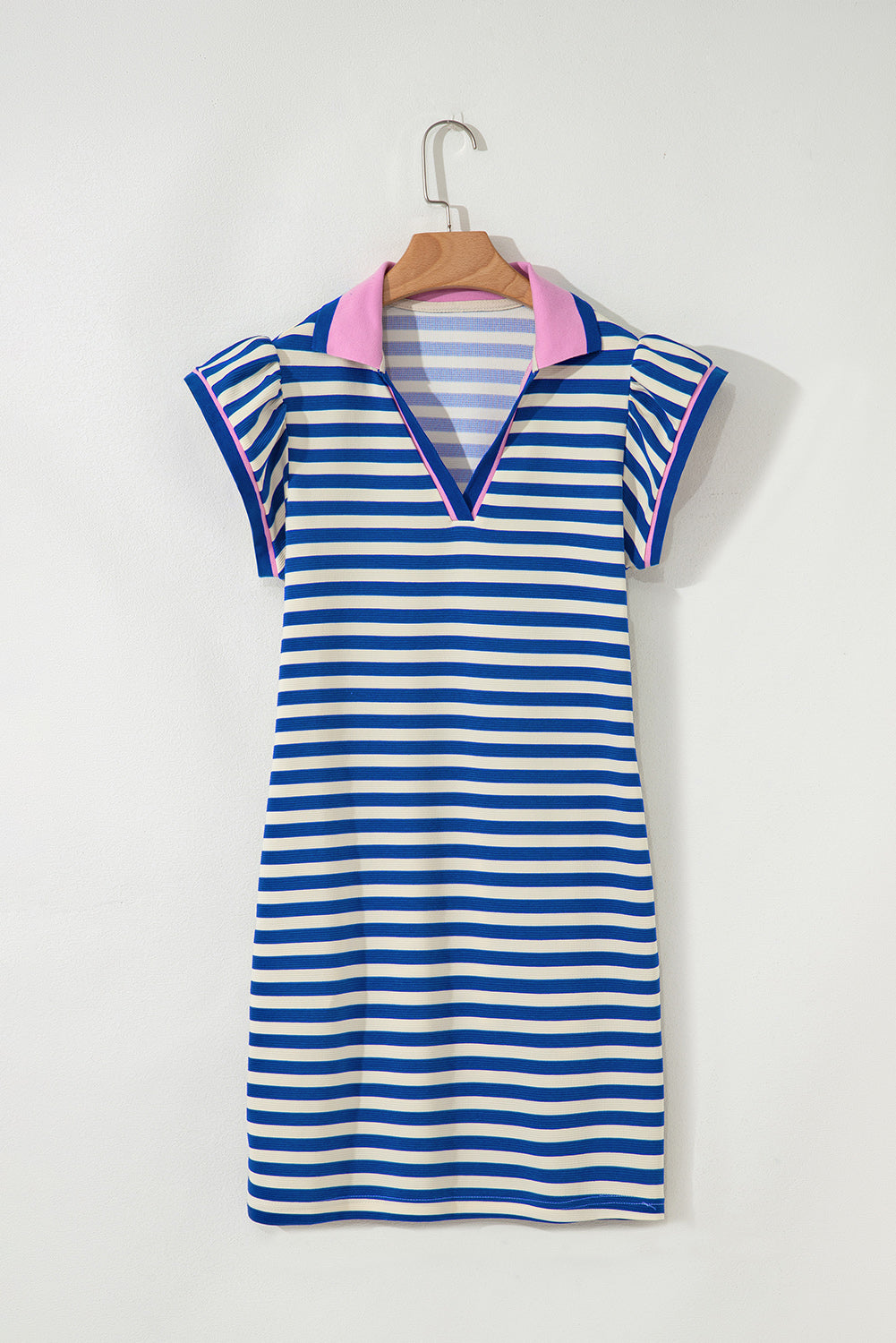 Green Stripe Contrast Collar Flutter Sleeve Mini Dress