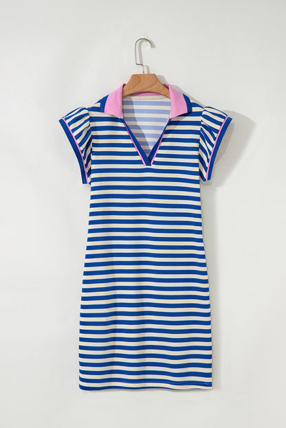 Green Stripe Contrast Collar Flutter Sleeve Mini Dress