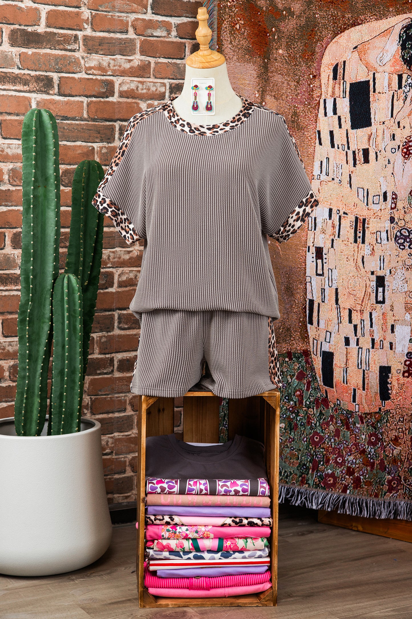 Leopard Trim Ribbed Short Sleeve Top and Shorts Set