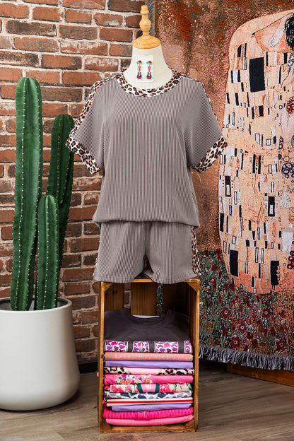 Leopard Trim Ribbed Short Sleeve Top and Shorts Set