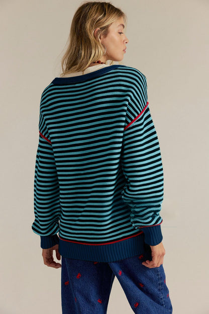 Stripe Knit Oversized Sweater Crew Neck Pullover Top