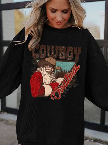 Cowboy Christmas Santa Ribbed Corduroy Oversized Sweatshirt