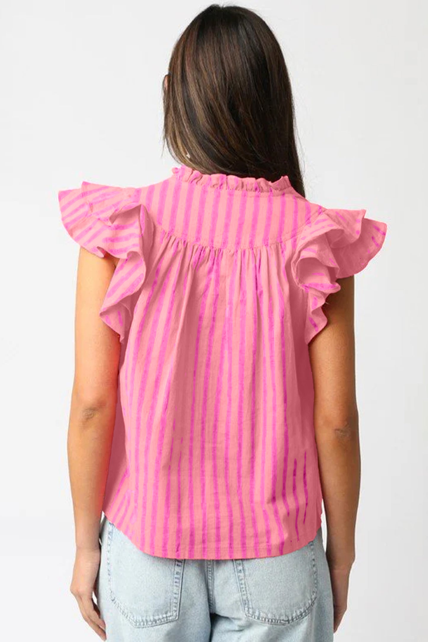 Pink Stripe Ruffle Sleeve Split Neck Summer Blouse