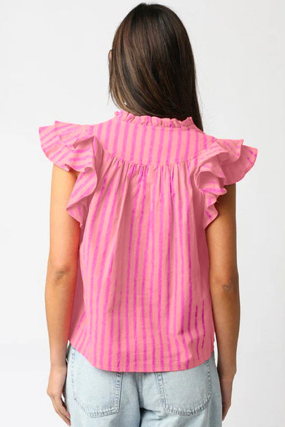Pink Stripe Ruffle Sleeve Split Neck Summer Blouse