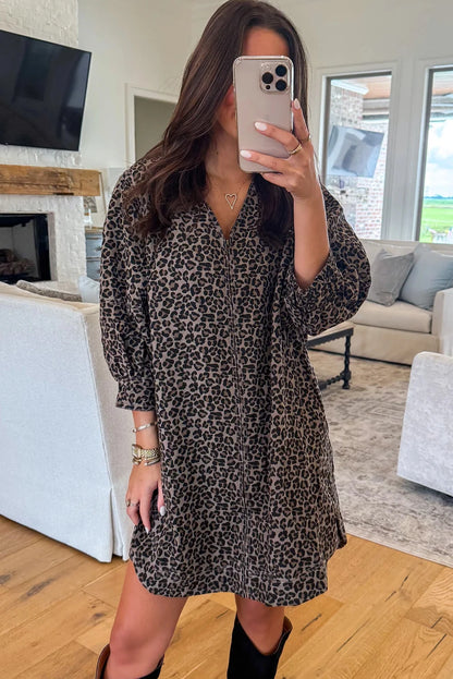 Khaki Leopard Print V Neck Zip Up Bracelet Sleeve Shift Mini Dress