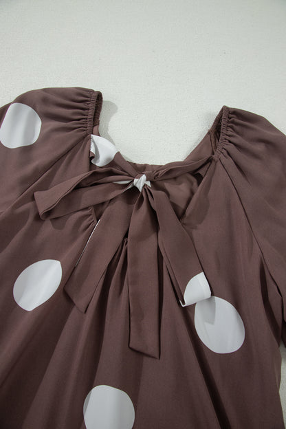 Brown Polka Dot Puff Sleeve Loose Fit Mini Dress
