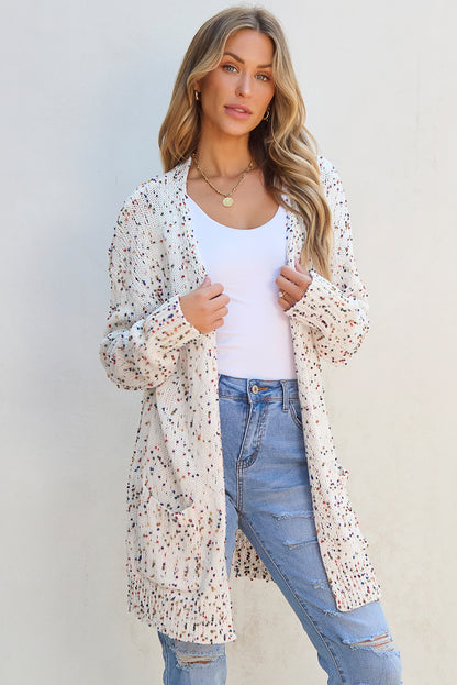 White Confetti Rib Knit Long Sleeve Cardigan