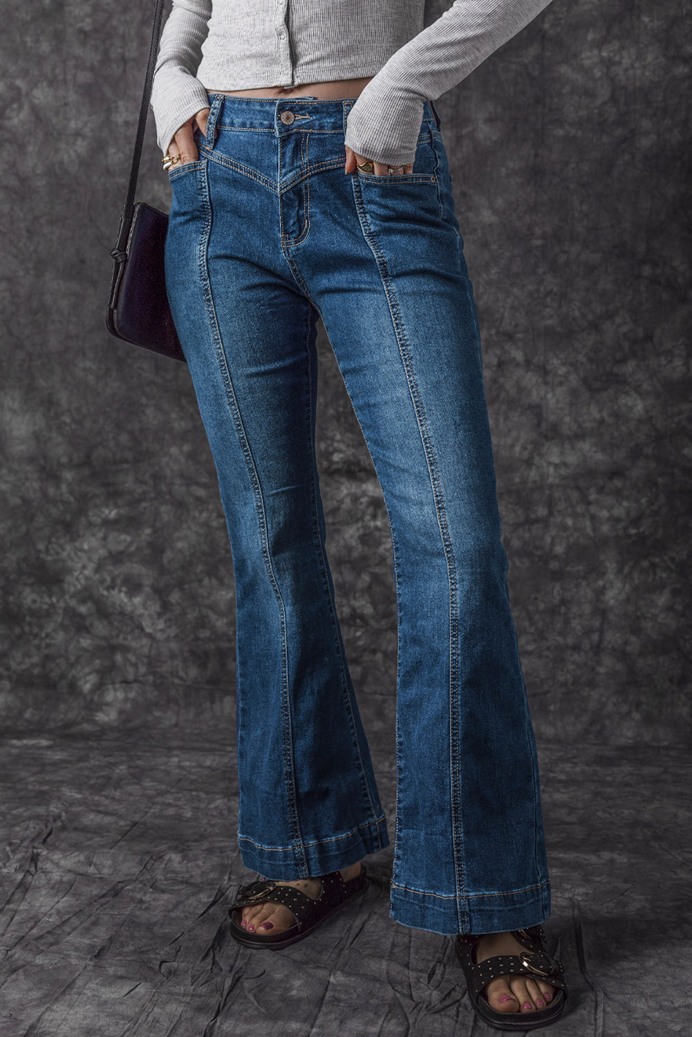 High Waist Flare Jeans with Contrast Seams & Pockets