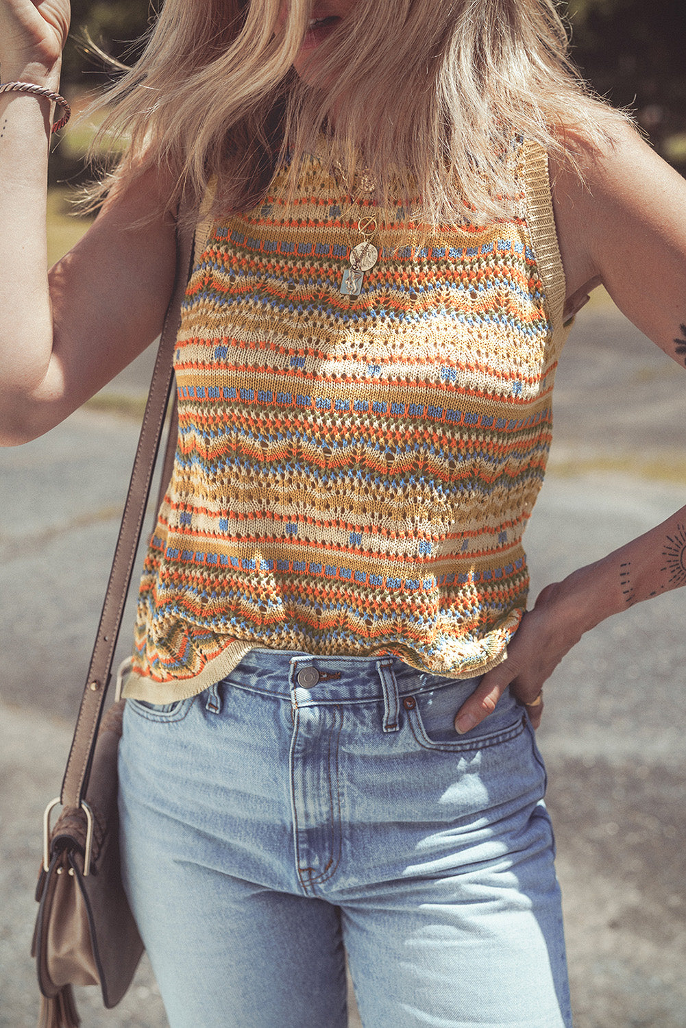Boho Crochet Knit Sweater Vest with Stripes and Eyelet Detail