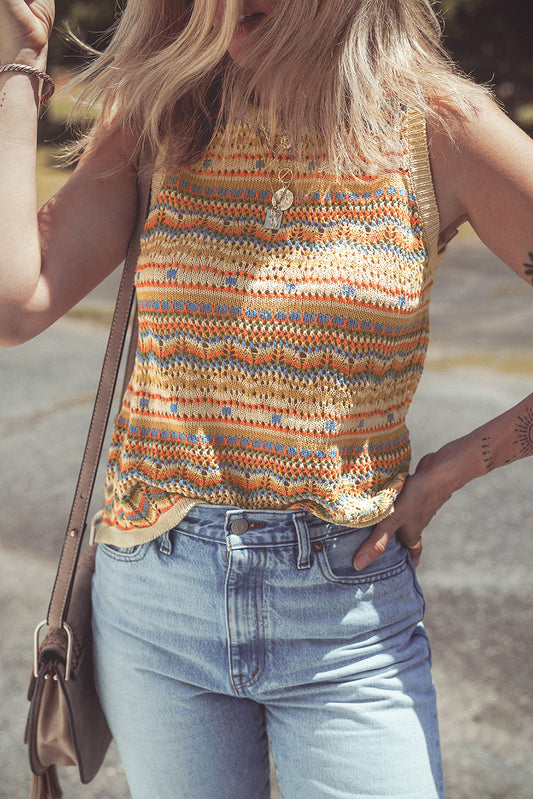 Boho Crochet Knit Sweater Vest with Stripes and Eyelet Detail