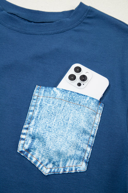 Pocket Tee Women Contrast Denim Pocket Casual T Shirt