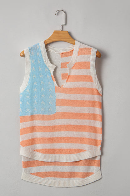 Pink USA Flag Stripe Notched Neck Sweater Vest