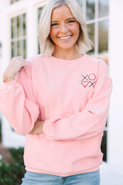 Pink XOXO Heart Embroidered Ribbed Knit Valentines Sweatshirt