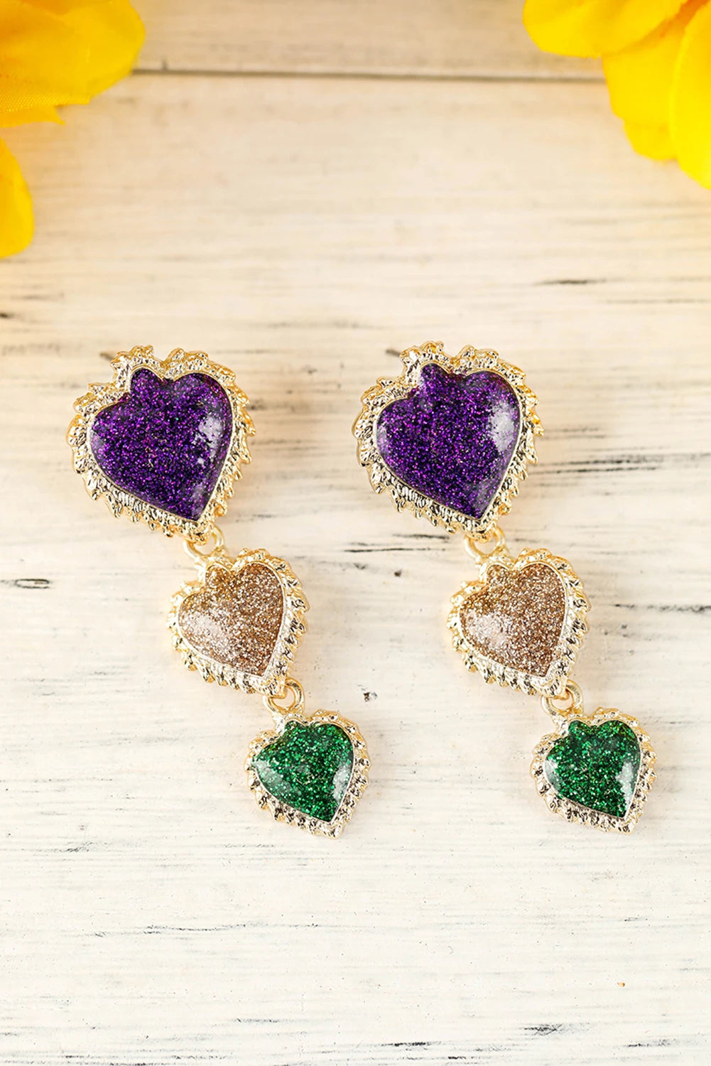 Purple Gold Green Glitter Heart Mardi Gras Dangle Earrings