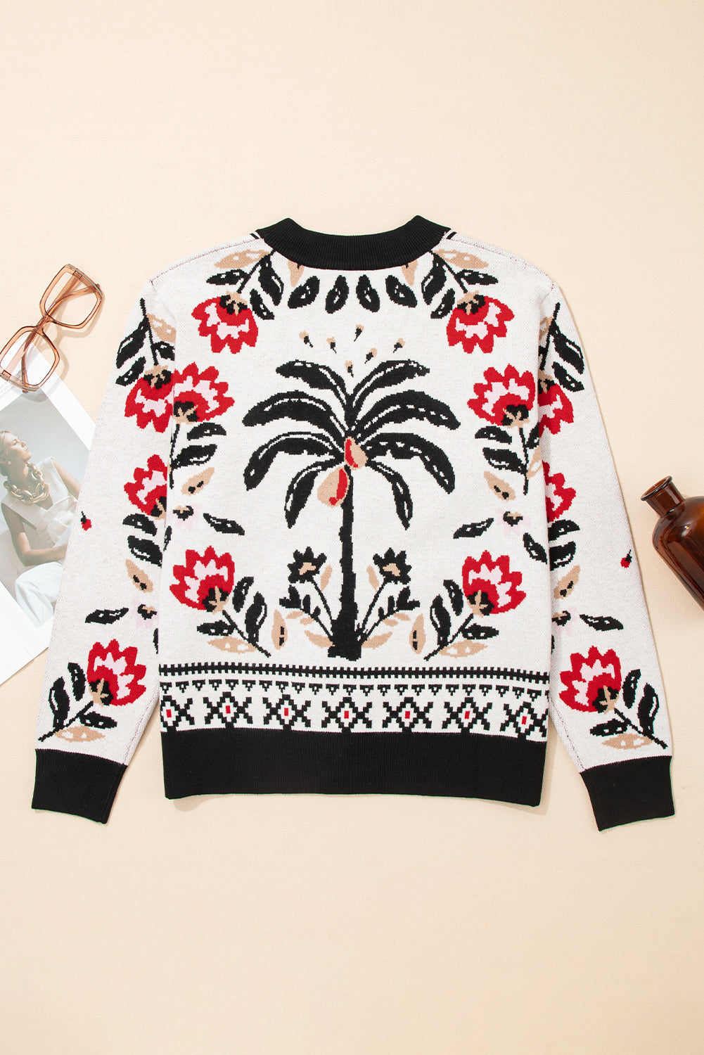 Floral V Neck Button Front Knit Cardigan Sweater