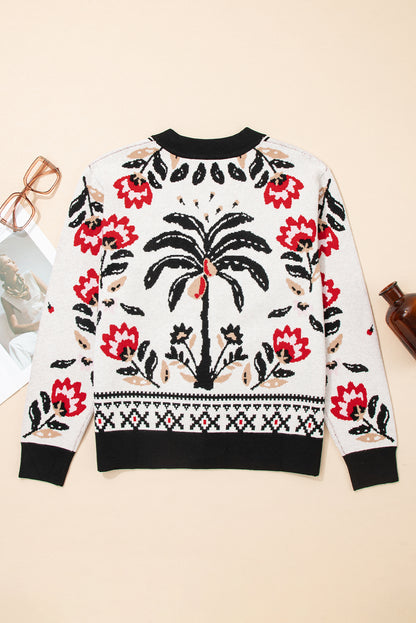 Floral V Neck Button Front Knit Cardigan Sweater