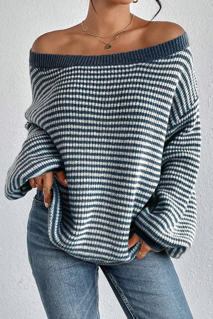 Sail Blue Striped Lantern Sleeve Drop Shoulder Cozy Sweater