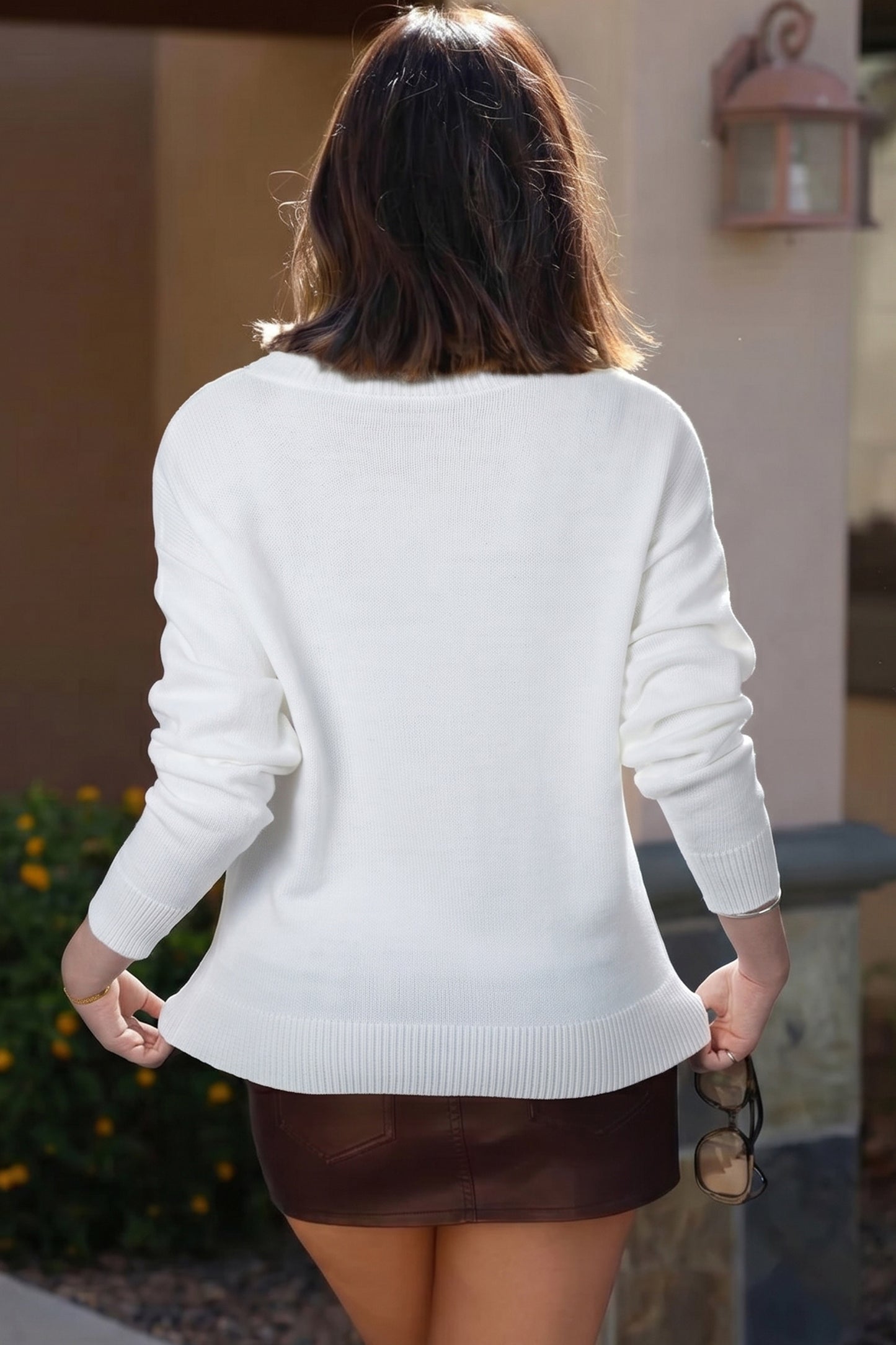 White Bird Pattern Drop Shoulder Knit Pullover Sweater