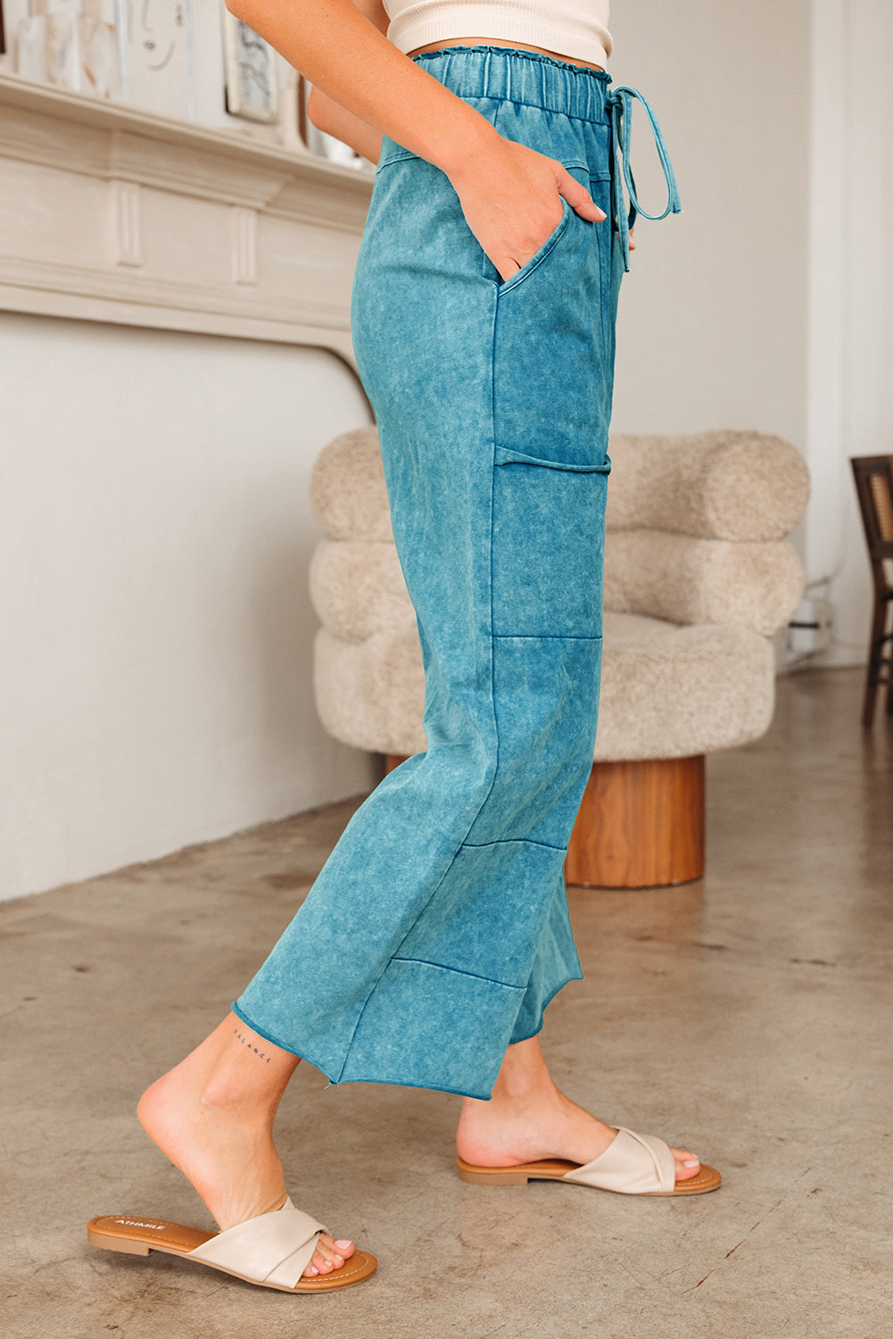 Mineral Wash High Waist Wide Leg Pants with Pockets