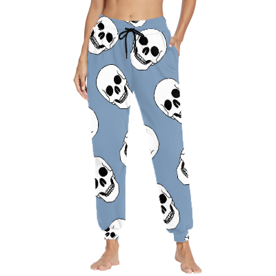 Adult Drawstring Pants with Skulls on Blue Background