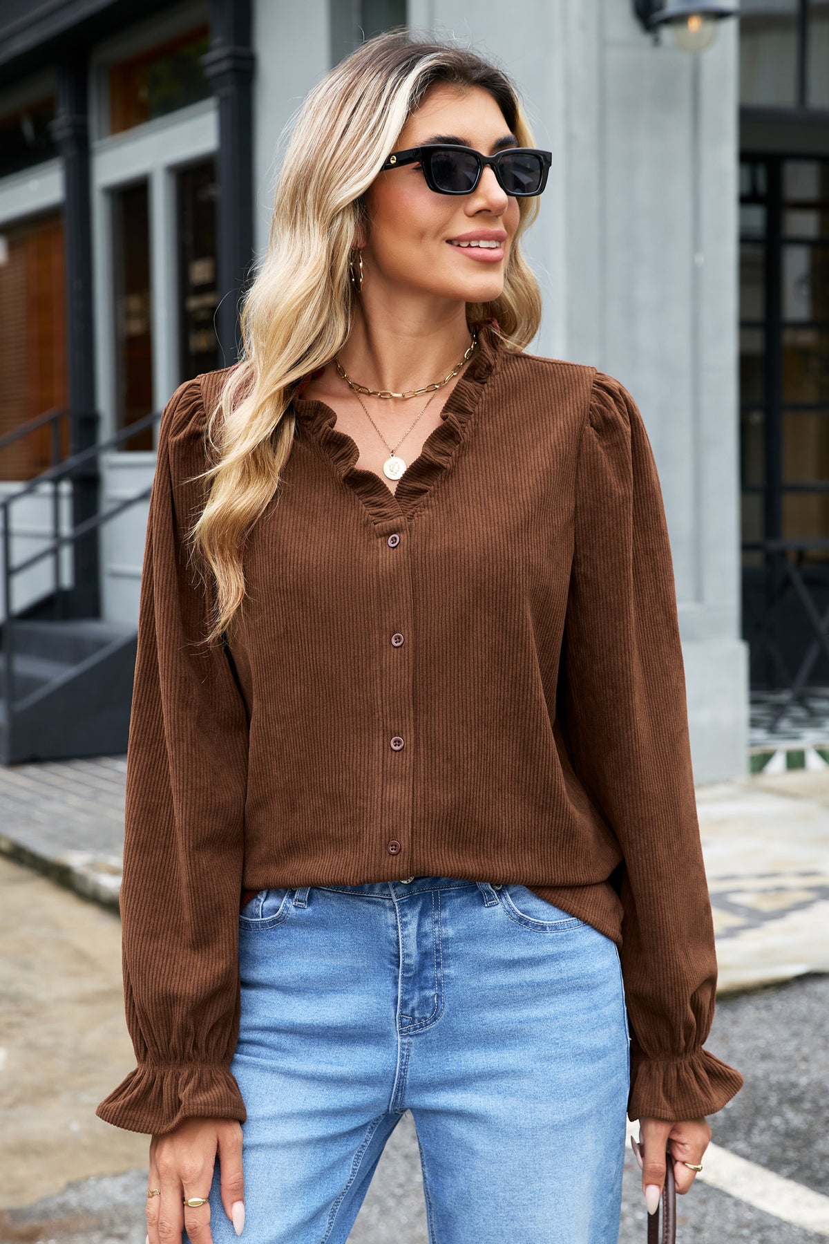 Coffee Corduroy Ruffle V Neck Button Shacket