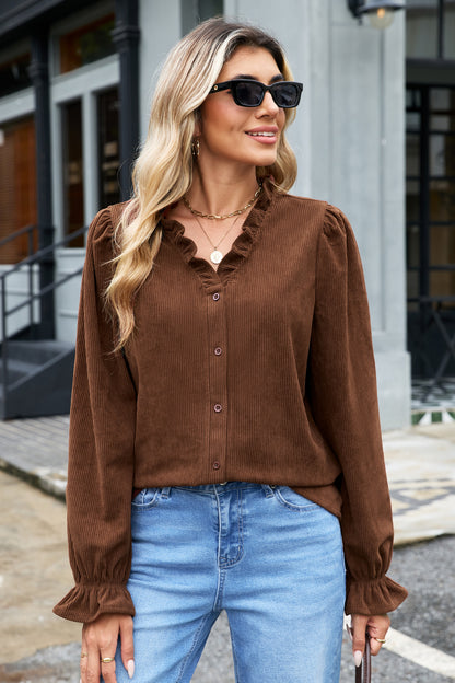 Coffee Corduroy Ruffle V Neck Button Shacket