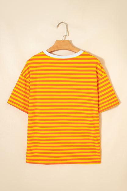Sky Blue Striped Contrast Neck Drop Shoulder Loose Tee