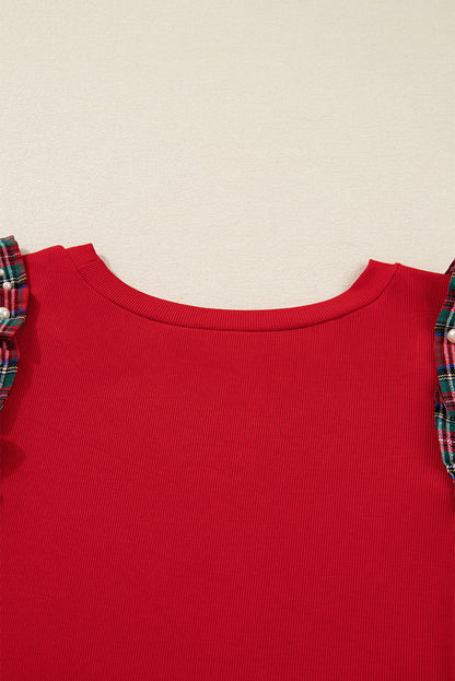 Plus Size Red Plaid Ruffle Sleeve Christmas Holiday Top