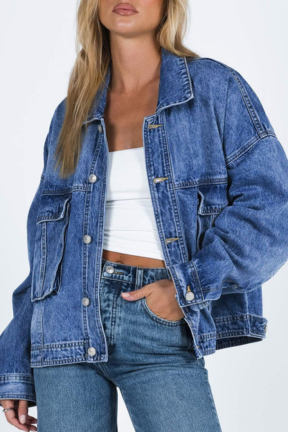 Gray Chest Pockets Drop Shoulder Loose Denim Jacket