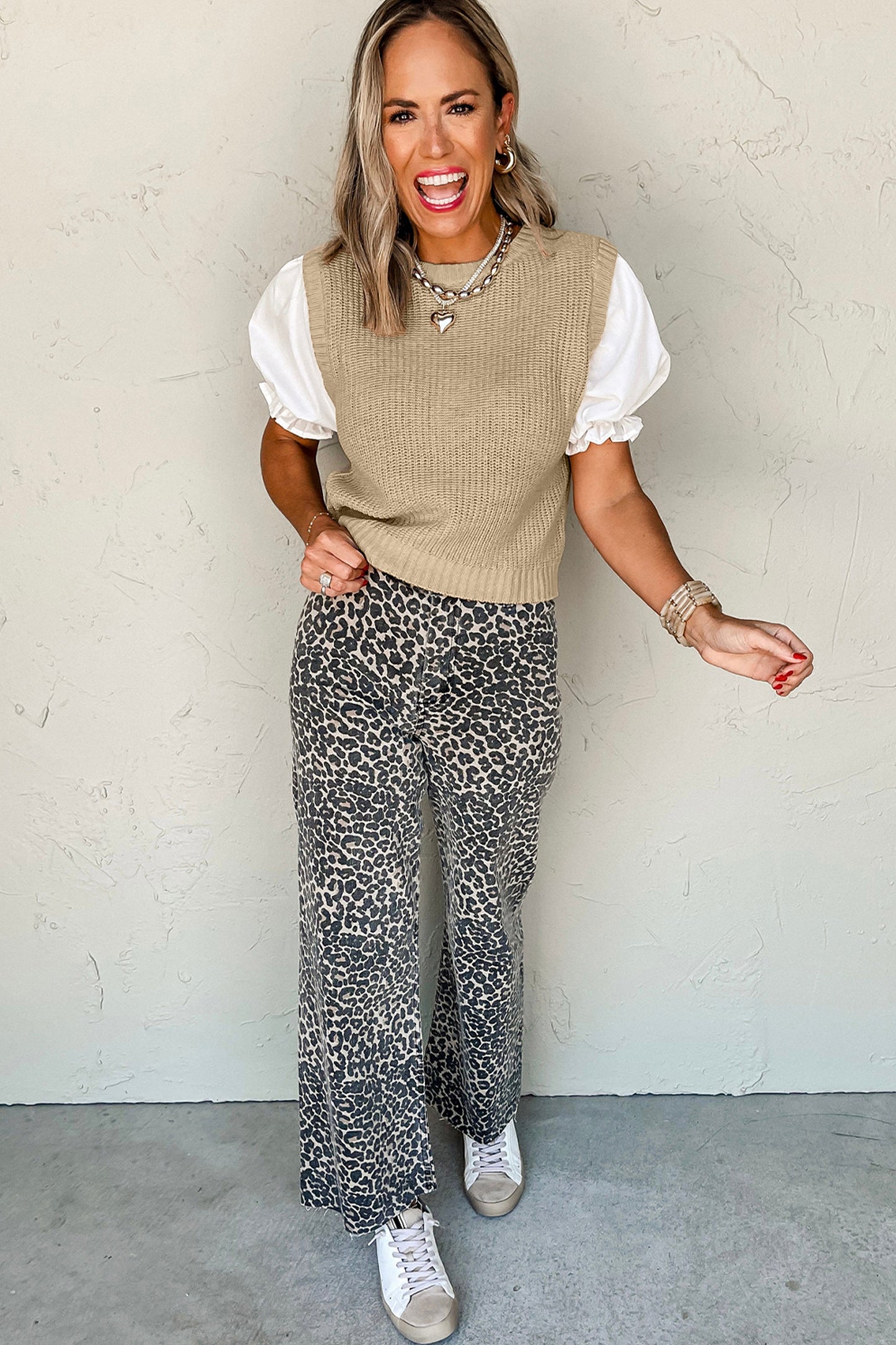 Light French Beige Contrast Short Sleeve Patchwork Sweater