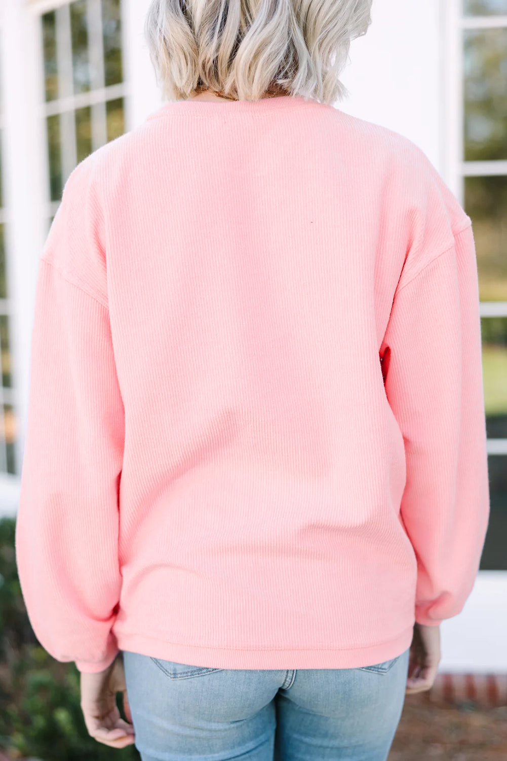 Pink XOXO Heart Embroidered Ribbed Knit Valentines Sweatshirt