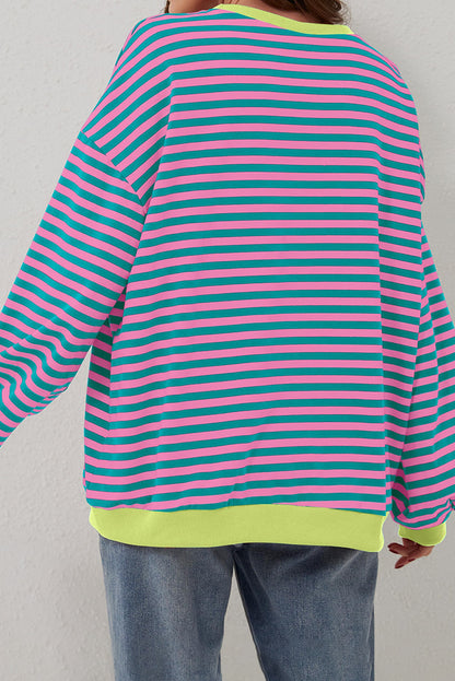 Sky Blue Stripe Oversized Contrast Trim Pullover Sweatshirt