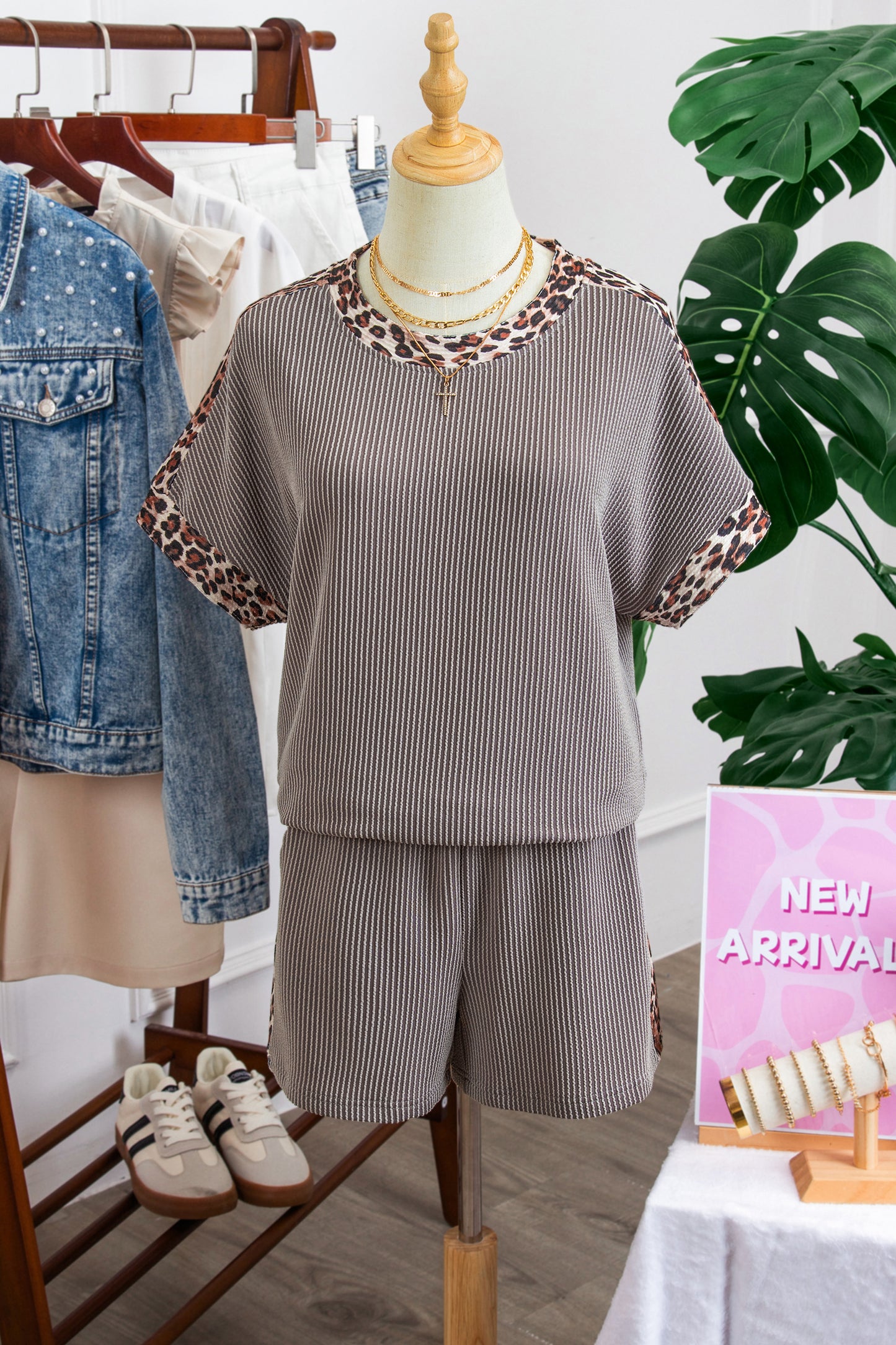 Leopard Trim Ribbed Short Sleeve Top and Shorts Set