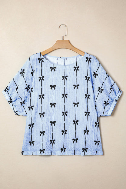 Beige Bow Print Puff Sleeve Blouse Casual Top