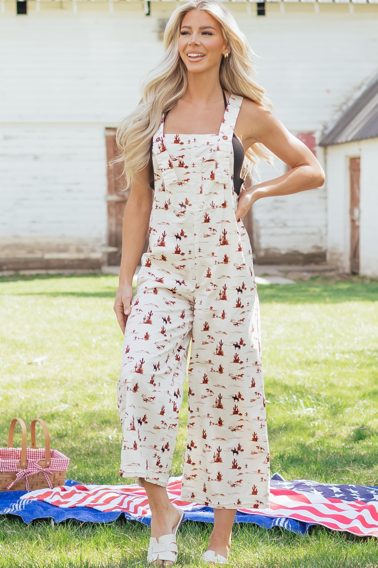 Beige Western Print Adjustable Strap Loose Cotton Jumpsuit